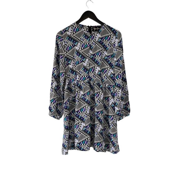Yumi Kim Multicolor 100% Silk All Over Geometric Pattern Long Sleeve Short Dress - Picture 1 of 10